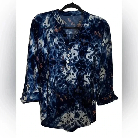 Blue, White and Brown V-Neck Button Blouse with 3/4 Sleeves Size L - Picture 1 of 7
